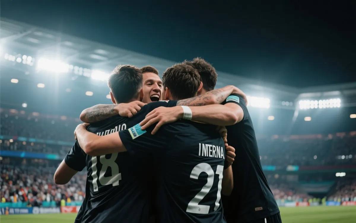 洲际赛事球场的聚光灯与球队拥抱庆祝，象征黑马在大赛中崛起