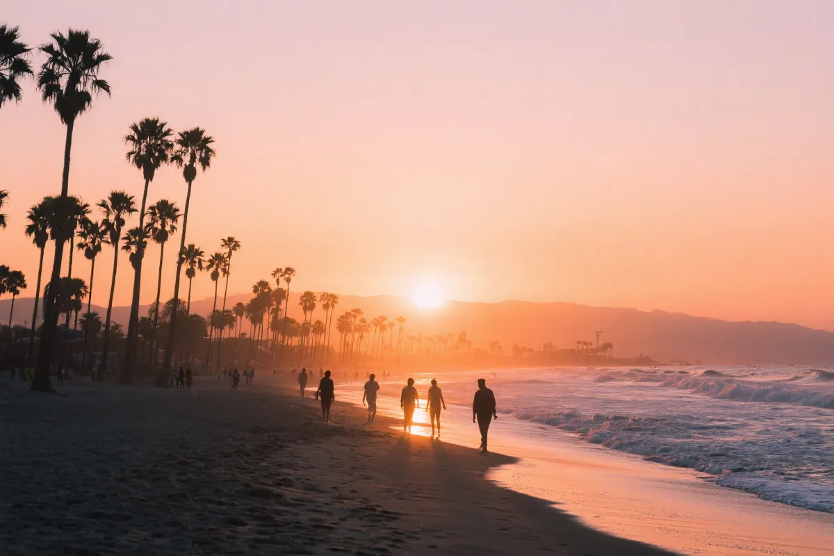 洛杉矶海滩日落,棕榈树剪影与人群散步的氛围感