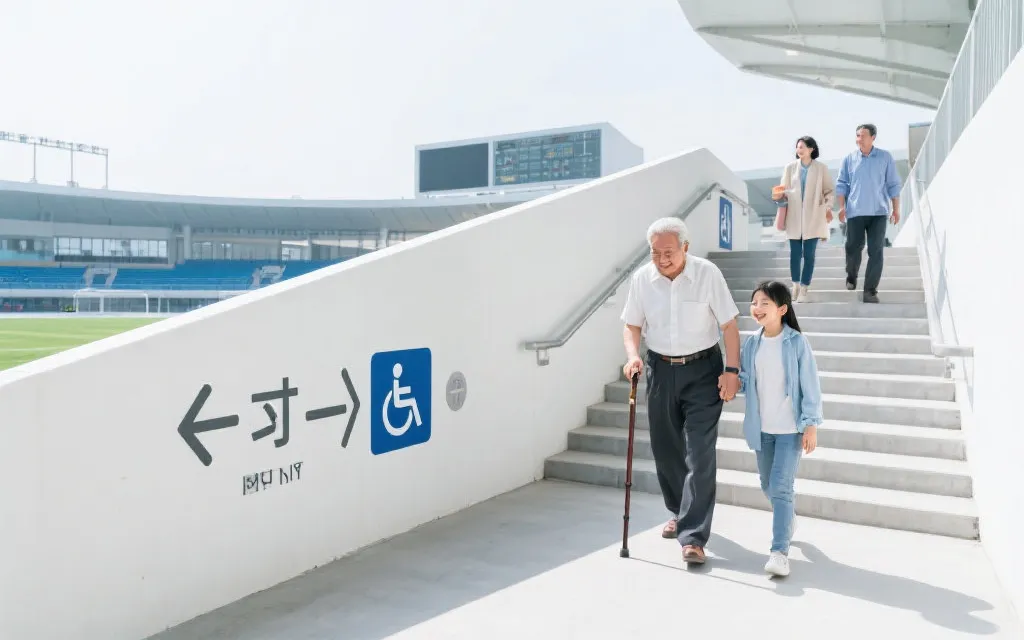 体育场馆内的无障碍坡道与清晰指引标识,家庭与老人一起通行的画面