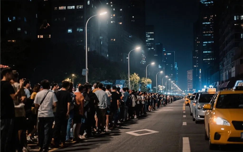 比赛散场后人群步行到更远的集合点等待网约车，夜景与路灯