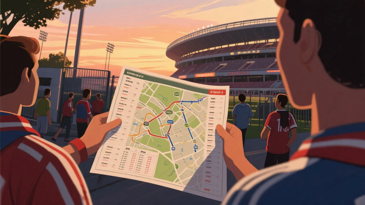 球迷在体育场外查看赛程与城市路线的插画风视觉